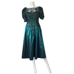 Vintage 80s Green Lace Satin Bridesmaid Prom Dress Princess Party Bow USA